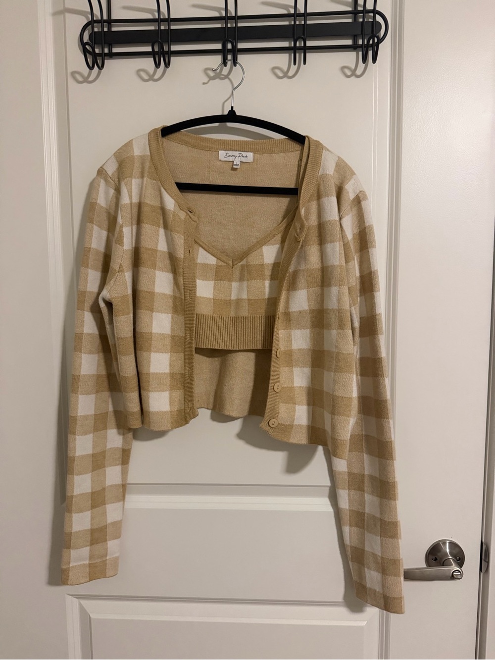 Emory Park Beige and White Plaid Cropped Cardigan & Tank Set